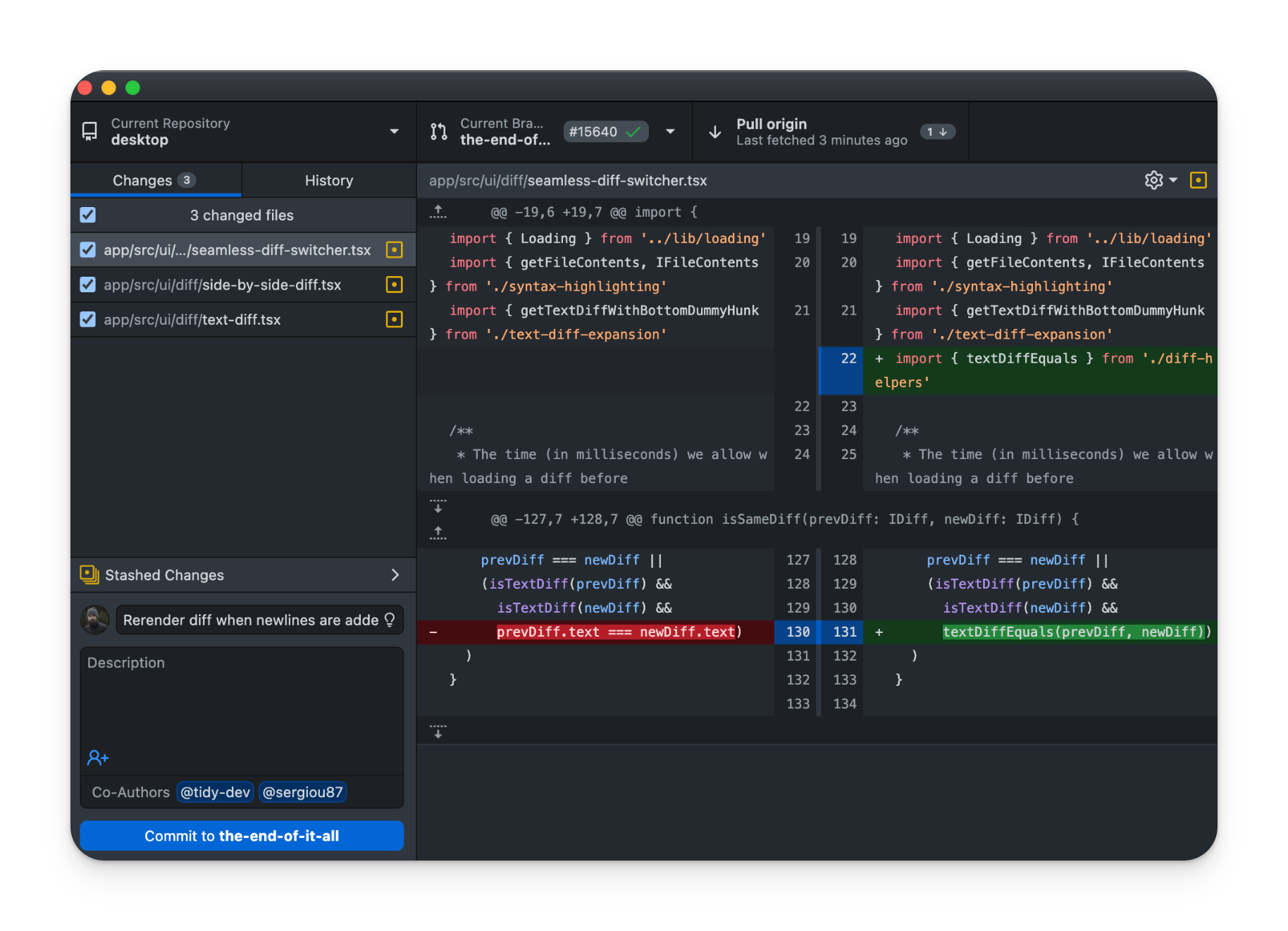 GitHub Desktop interface showing commit history and changes